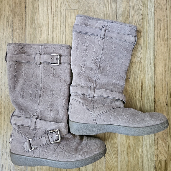 Coach Thelma faux fur winter boots taupe suede logo embossed mid calf size 7 - Picture 2 of 14